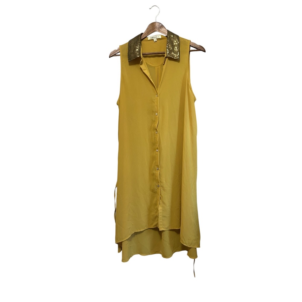 UMGEE Womens XL Yellow Sleeveless‎ Sequined Collar High Low Shirt Dress